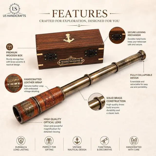 Alt view image 5 of 6 - Handcrafted Brass Maritime Telescope with Wooden Box (Style 1)