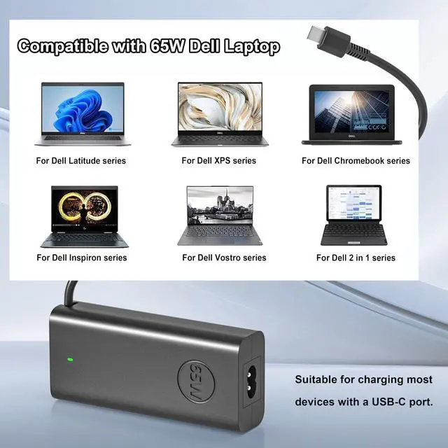 Alt view image 3 of 6 - 65W USB-C Laptop Charger for Dell Latitude Chromebook XPS 2-in-1 Series | USB-C AC Adapter for Dell 3120 3189 3190 3310 3330 3340 3390 3510 3520 3550 5300 5330 5410 5430 5530 7275 7390 7400 7420