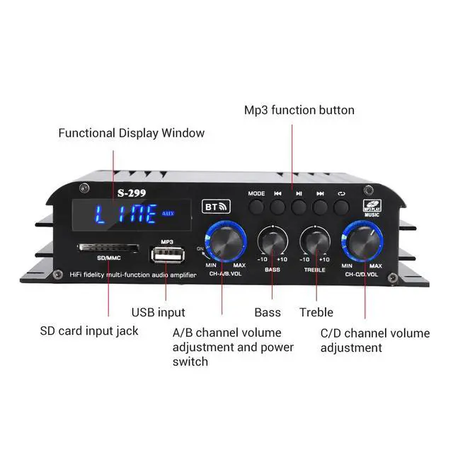 Alt view image 2 of 6 - S299 Max 800W Bluetooth Home Audio Amplifier, RMS 40Wx4 4.1CH Bluetooth | Power Amplifier with Active Subwoofer, Sound Audio System w/AUX, Headphone Jack, USB, SD, Remote Control