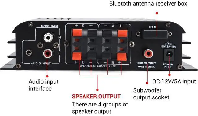 Alt view image 3 of 6 - S299 Max 800W Bluetooth Home Audio Amplifier, RMS 40Wx4 4.1CH Bluetooth | Power Amplifier with Active Subwoofer, Sound Audio System w/AUX, Headphone Jack, USB, SD, Remote Control