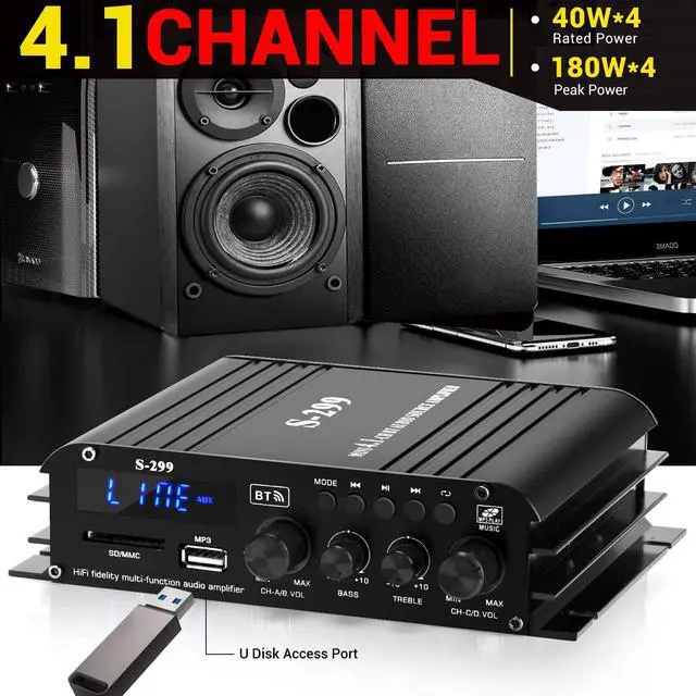 Alt view image 4 of 6 - S299 Max 800W Bluetooth Home Audio Amplifier, RMS 40Wx4 4.1CH Bluetooth | Power Amplifier with Active Subwoofer, Sound Audio System w/AUX, Headphone Jack, USB, SD, Remote Control