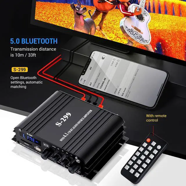 Alt view image 5 of 6 - S299 Max 800W Bluetooth Home Audio Amplifier, RMS 40Wx4 4.1CH Bluetooth | Power Amplifier with Active Subwoofer, Sound Audio System w/AUX, Headphone Jack, USB, SD, Remote Control