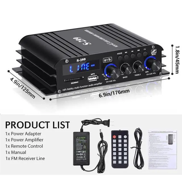 Alt view image 6 of 6 - S299 Max 800W Bluetooth Home Audio Amplifier, RMS 40Wx4 4.1CH Bluetooth | Power Amplifier with Active Subwoofer, Sound Audio System w/AUX, Headphone Jack, USB, SD, Remote Control