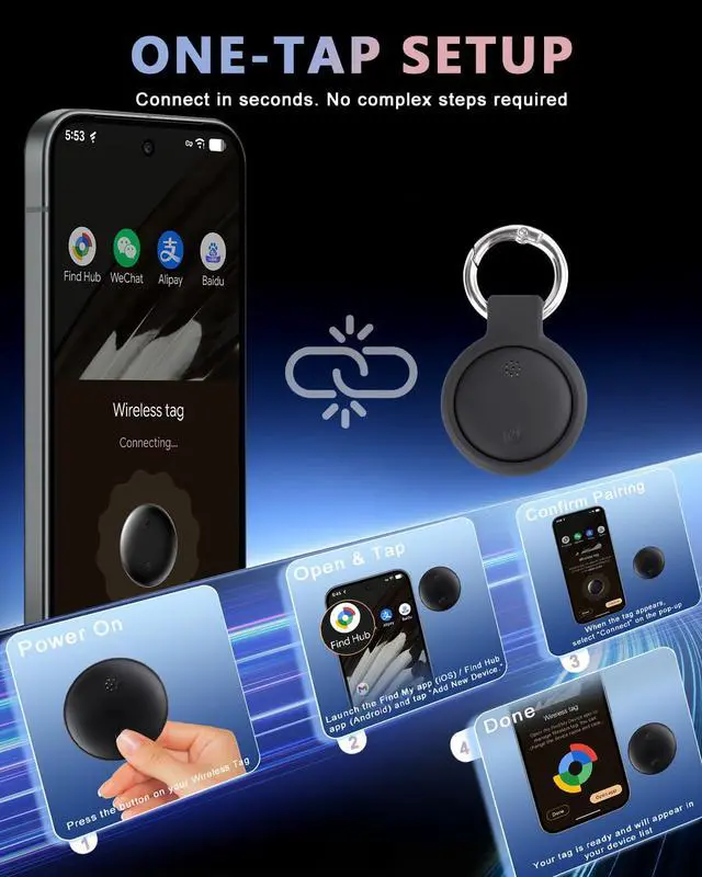 Alt view image 5 of 6 - Dual System Bluetooth Tracker for iOS and Android: Smart Tag 4 Pack - Compatible with Apple Find My (iOS) & Google's Find Hub(Android) for Keys, Luggage, Wallet, Vehicles - Long Range Item Locator