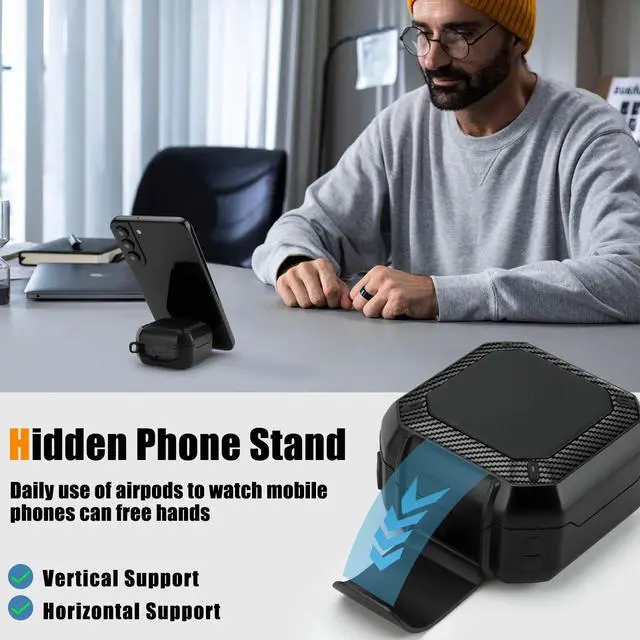 Alt view image 5 of 6 - Compatible with Samsung Galaxy Buds 4 Pro Case/Galaxy Buds 4 Case, Carbon Fiber Texture Design Cover with Phone Stand, Black