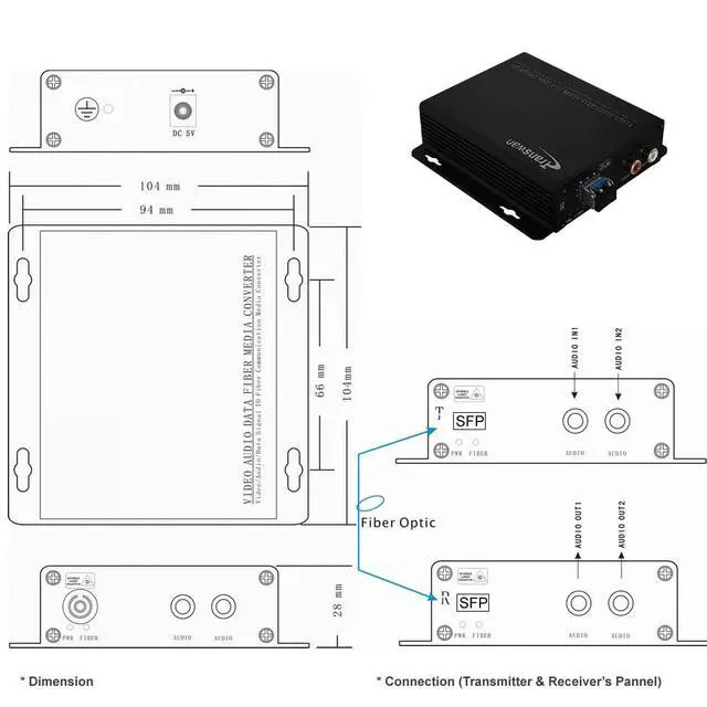 Alt view image 4 of 5 - 2 Ch RCA Audio Over Optic Fiber Extender with 1 x LC SFP Module, 20 Km Over SMF or 2km Over MMF, Supports 24 & 16-Bit Digitally Encoded Analog Audio