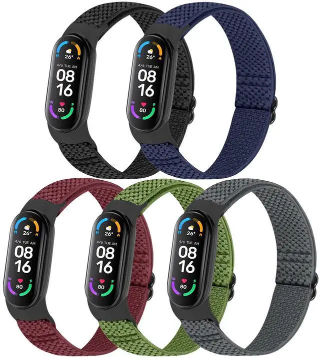 Main image of 5 Pack Solo Loop Nylon Band Compatible With Xiaomi Mi Band 7 6 5 4 3/Amazfit Band 5 Straps, Adjustable Breathable Comfortable Elastic Sport Replacement Strap for Women Men