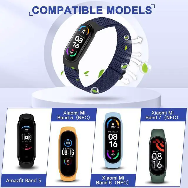 Alt view image 2 of 6 - 5 Pack Solo Loop Nylon Band Compatible With Xiaomi Mi Band 7 6 5 4 3/Amazfit Band 5 Straps, Adjustable Breathable Comfortable Elastic Sport Replacement Strap for Women Men