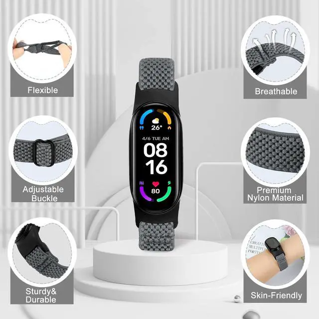 Alt view image 3 of 6 - 5 Pack Solo Loop Nylon Band Compatible With Xiaomi Mi Band 7 6 5 4 3/Amazfit Band 5 Straps, Adjustable Breathable Comfortable Elastic Sport Replacement Strap for Women Men