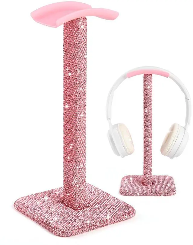 Main image of Pink Headphone Stand for Desk, Cute Rhinestone Bling Headset Holder | sparkle kawaii aesthetic piece with soft headrest, gamer girl & women setup, teen birthday gift, crystal Y2K decor