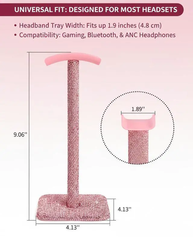 Alt view image 2 of 6 - Pink Headphone Stand for Desk, Cute Rhinestone Bling Headset Holder | sparkle kawaii aesthetic piece with soft headrest, gamer girl & women setup, teen birthday gift, crystal Y2K decor