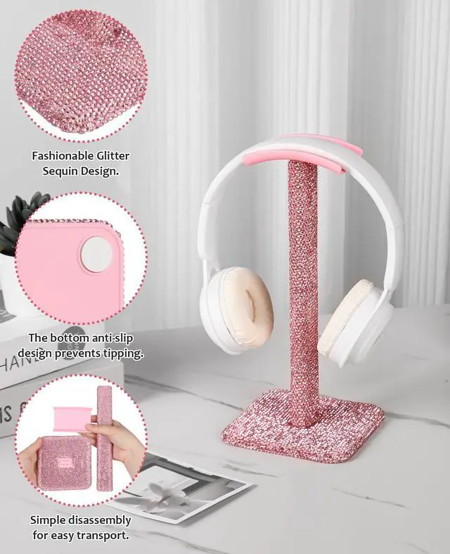 Alt view image 3 of 6 - Pink Headphone Stand for Desk, Cute Rhinestone Bling Headset Holder | sparkle kawaii aesthetic piece with soft headrest, gamer girl & women setup, teen birthday gift, crystal Y2K decor