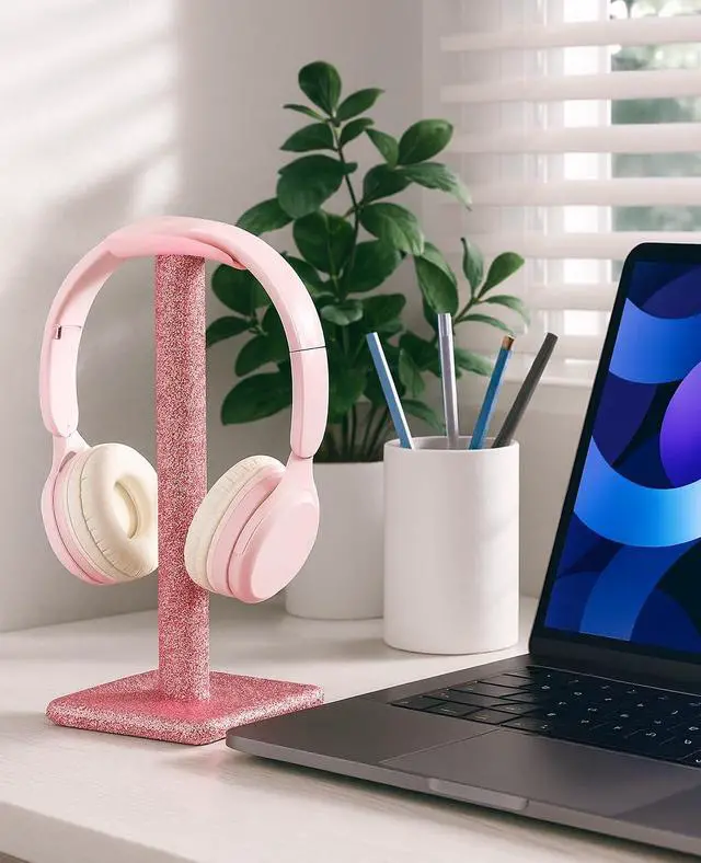 Alt view image 4 of 6 - Pink Headphone Stand for Desk, Cute Rhinestone Bling Headset Holder | sparkle kawaii aesthetic piece with soft headrest, gamer girl & women setup, teen birthday gift, crystal Y2K decor