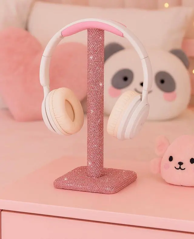 Alt view image 5 of 6 - Pink Headphone Stand for Desk, Cute Rhinestone Bling Headset Holder | sparkle kawaii aesthetic piece with soft headrest, gamer girl & women setup, teen birthday gift, crystal Y2K decor