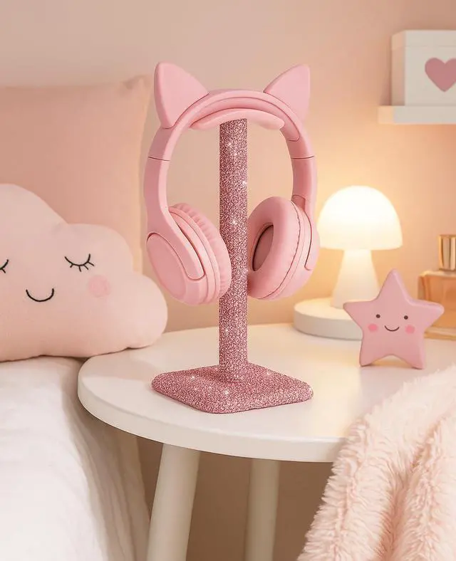 Alt view image 6 of 6 - Pink Headphone Stand for Desk, Cute Rhinestone Bling Headset Holder | sparkle kawaii aesthetic piece with soft headrest, gamer girl & women setup, teen birthday gift, crystal Y2K decor