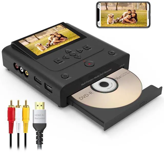 Main image of VHS to DVD Recorder, VCR to DVD Recorder-Convert Photos and Videos Between VHS,VCR,Memory Card,DVD and USB. Phone can use a Free app to Burn Videos and Photos, Also has TV Recording Function(Black)