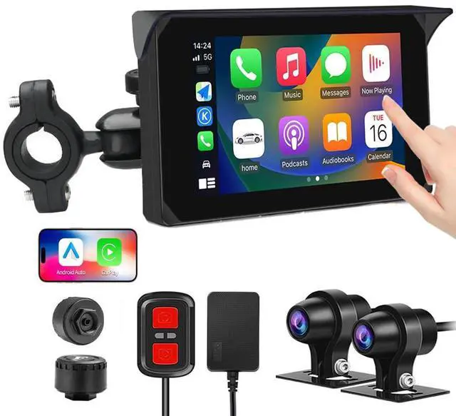 Main image of Motorcycle Carplay Screen, Wireless Carplay and Android Auto, GPS Navigation, Tire Pressure Sensors, WiFi 5 Inch Touchscreen HD 1080P Front and Rear Camera Motorcycle Dash Camera DVR (5inch)