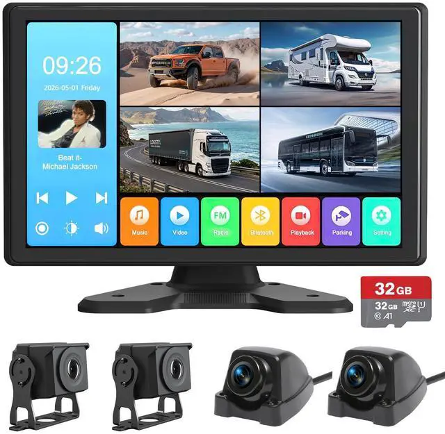 Main image of 4 Channel Backup Camera System,Touchable 10.1 inch Monitor with DVR Loop Recording, IP69 Waterproof, Nightvision 1080P Camera for RV/Truck/Trailer Pickup, Wired (Cigarette Charger &32G)