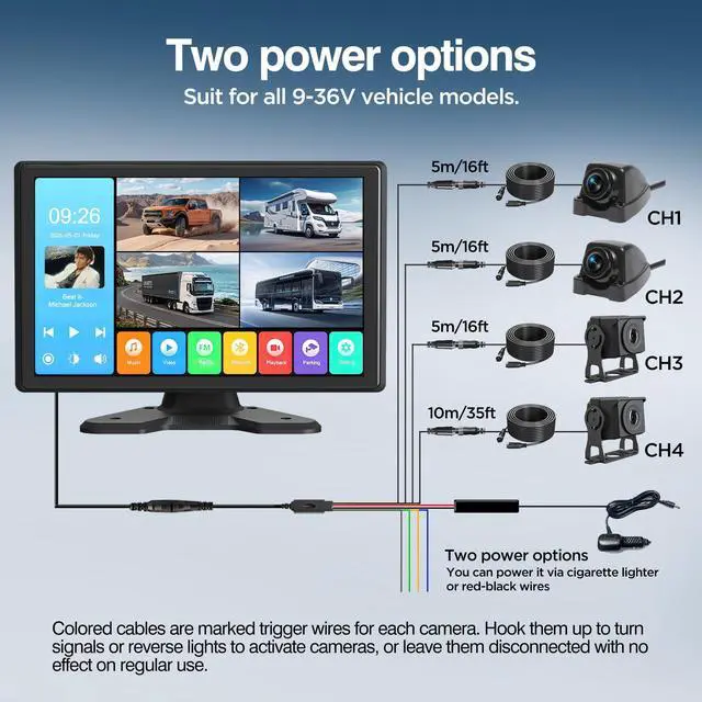 Alt view image 2 of 6 - 4 Channel Backup Camera System,Touchable 10.1 inch Monitor with DVR Loop Recording, IP69 Waterproof, Nightvision 1080P Camera for RV/Truck/Trailer Pickup, Wired (Cigarette Charger &32G)