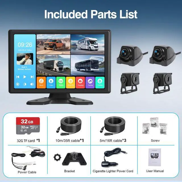 Alt view image 4 of 6 - 4 Channel Backup Camera System,Touchable 10.1 inch Monitor with DVR Loop Recording, IP69 Waterproof, Nightvision 1080P Camera for RV/Truck/Trailer Pickup, Wired (Cigarette Charger &32G)