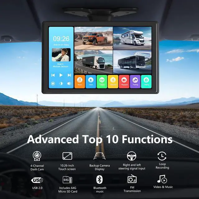 Alt view image 5 of 6 - 4 Channel Backup Camera System,Touchable 10.1 inch Monitor with DVR Loop Recording, IP69 Waterproof, Nightvision 1080P Camera for RV/Truck/Trailer Pickup, Wired (Cigarette Charger &32G)
