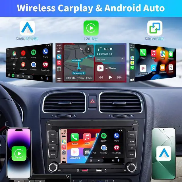 Alt view image 3 of 6 - Car Radio for Volkswagen VW Passat Jetta Golf Touran Beetle, 7 Inch IPS Touch Screen Car Stereo, Wireless CarPlay & Android Auto, Bluetooth 5.0, WiFi, FM/AM, MirrorLink, Steering Wheel Control