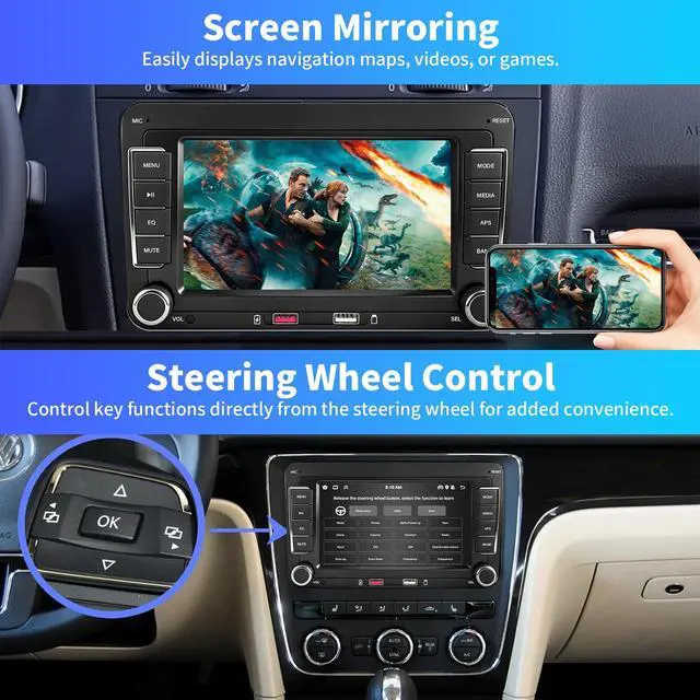 Alt view image 5 of 6 - Car Radio for Volkswagen VW Passat Jetta Golf Touran Beetle, 7 Inch IPS Touch Screen Car Stereo, Wireless CarPlay & Android Auto, Bluetooth 5.0, WiFi, FM/AM, MirrorLink, Steering Wheel Control