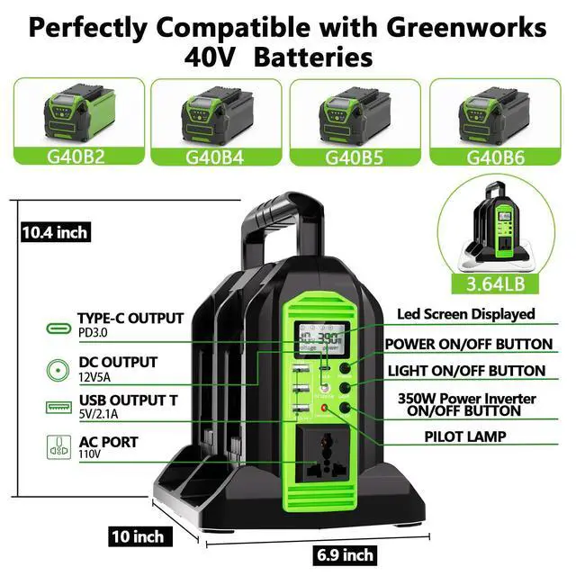 Alt view image 3 of 6 - 350W Power Inverter for Greenworks 40V Li-ion Batteries,4-Port Supply Inverter Generators Converter DC 40V to AC110V ~120V with LED Light,3 USB-A,1 Type-C,1DC Port, for Outdoor Travel Camping
