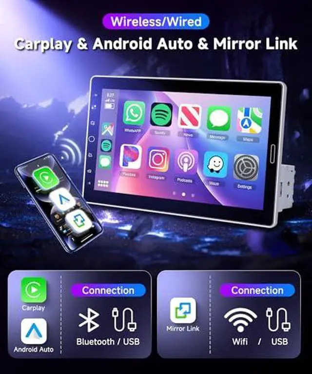 Alt view image 2 of 6 - 10.1 inch Single Din Car Stereo Wireless CarPlay Android Auto, Car Radio with Bluetooth 5.2, FM/AM/RDS, IPS Touch Screen, Car Audio Receiver Backup Camera, Mirror Link, EQ/USB,/AUX/SWC/MIC