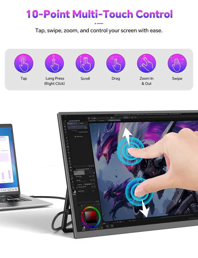 Alt view image 2 of 6 - 15.6" Portable Monitor Touchscreen, 1080P 10-Point Touch Portable Monitor | 1500:1 USB-C HDMI Travel Screen w/ Sleeve Bag & Speaker, 2nd External Display for Laptop Mac PC Phone Tablet, VESA Mountable