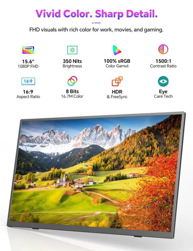 Alt view image 4 of 6 - 15.6" Portable Monitor Touchscreen, 1080P 10-Point Touch Portable Monitor | 1500:1 USB-C HDMI Travel Screen w/ Sleeve Bag & Speaker, 2nd External Display for Laptop Mac PC Phone Tablet, VESA Mountable