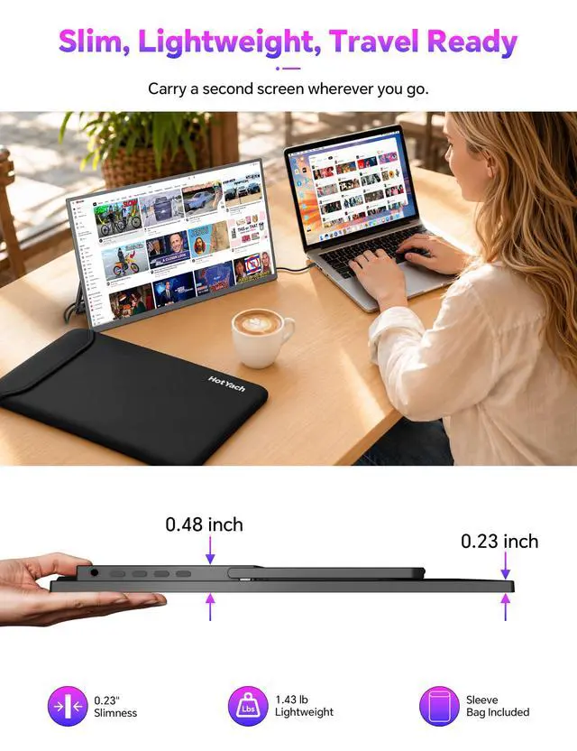 Alt view image 5 of 6 - 15.6" Portable Monitor Touchscreen, 1080P 10-Point Touch Portable Monitor | 1500:1 USB-C HDMI Travel Screen w/ Sleeve Bag & Speaker, 2nd External Display for Laptop Mac PC Phone Tablet, VESA Mountable