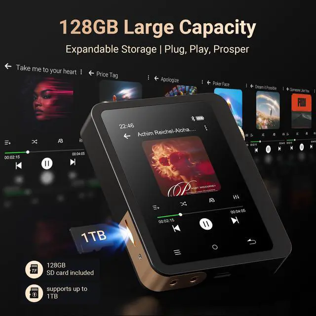 Alt view image 5 of 6 - M33 128GB Bluetooth 5.3 HiFi DSD MP3 Player 2.8" ES9018K2M Black | Zinc Alloy Body, ES9018K2M DAC, Lossless DSD, 1TB Expandable, 2000mAh Battery 50H Playback, Dual Headphone Jacks