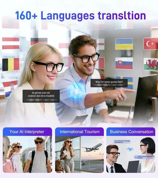 Alt view image 4 of 6 - Smart Glasses with Camera and Bluetooth - AI Glasses for Men Anti-Shake Real-Time Translation Object Recognition ChatGPT Assistant Long Battery Life for Meetings Video Recording Vlogs (Universal Size)