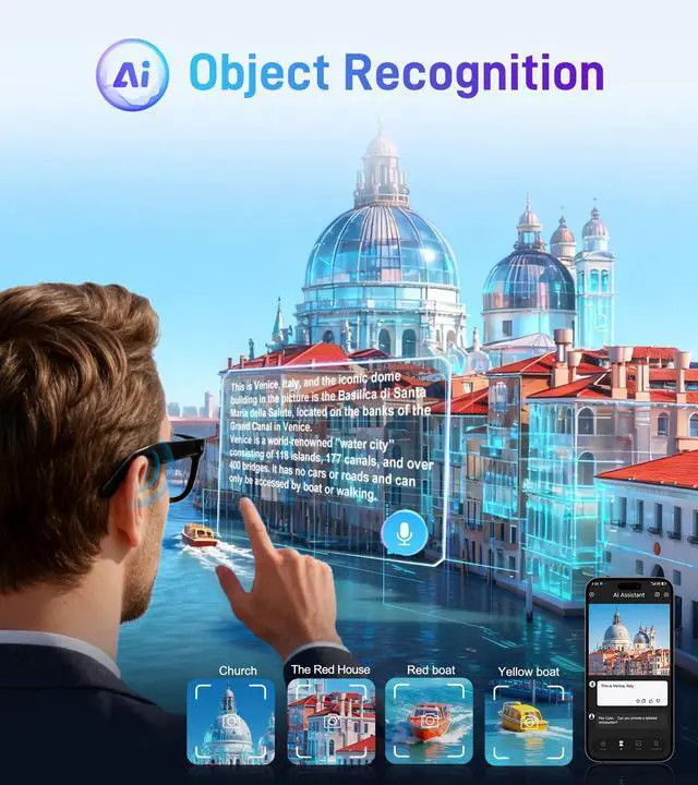 Alt view image 5 of 6 - Smart Glasses with Camera and Bluetooth - AI Glasses for Men Anti-Shake Real-Time Translation Object Recognition ChatGPT Assistant Long Battery Life for Meetings Video Recording Vlogs (Universal Size)