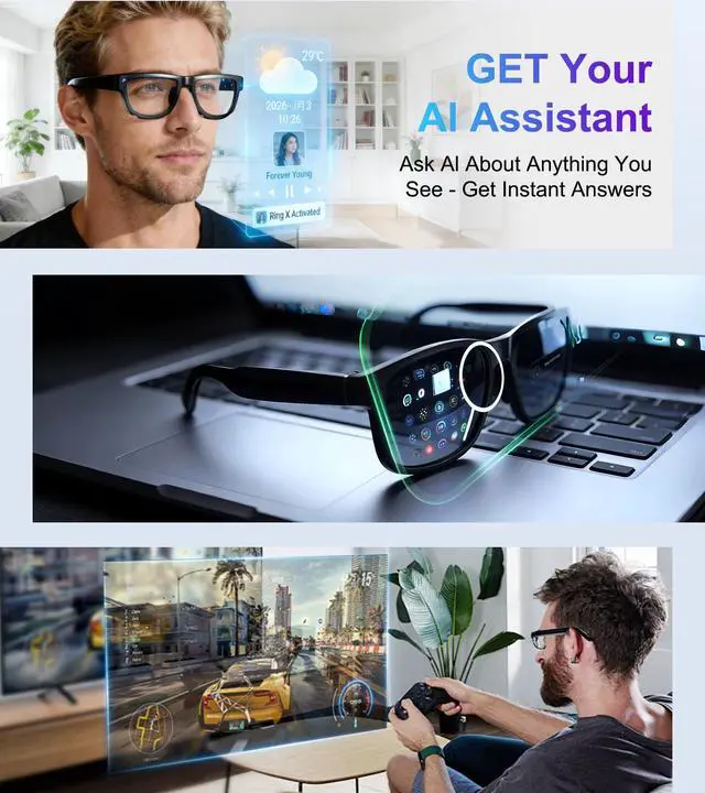 Alt view image 6 of 6 - Smart Glasses with Camera and Bluetooth - AI Glasses for Men Anti-Shake Real-Time Translation Object Recognition ChatGPT Assistant Long Battery Life for Meetings Video Recording Vlogs (Universal Size)