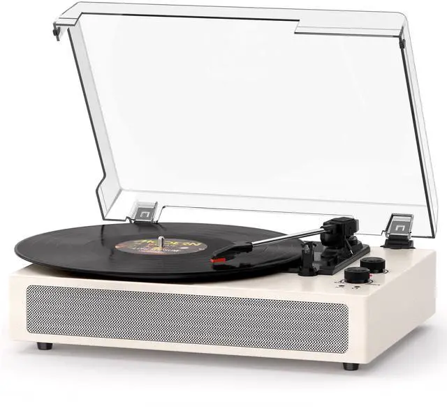 Main image of White Bluetooth Record Player, Vintage 3-Speed Turntable | Elegant vintage design with 3-speed playback, Bluetooth, stereo speakers, auto stop, AUX input and RCA output