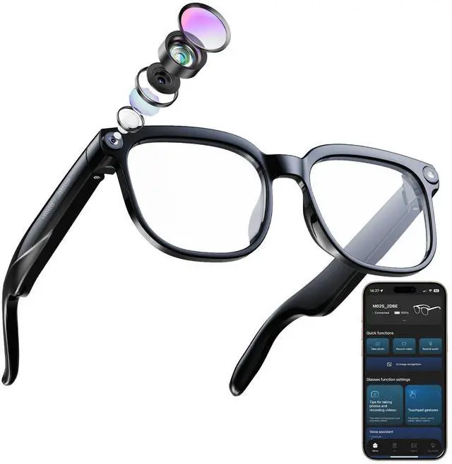 Main image of Smart Glasses with Camera, Bluetooth Music & Call, 800W HD Camera Glasses, 1080P Video Recording, Built-in ChatGPT Voice Assistant Control for Men Women(White)