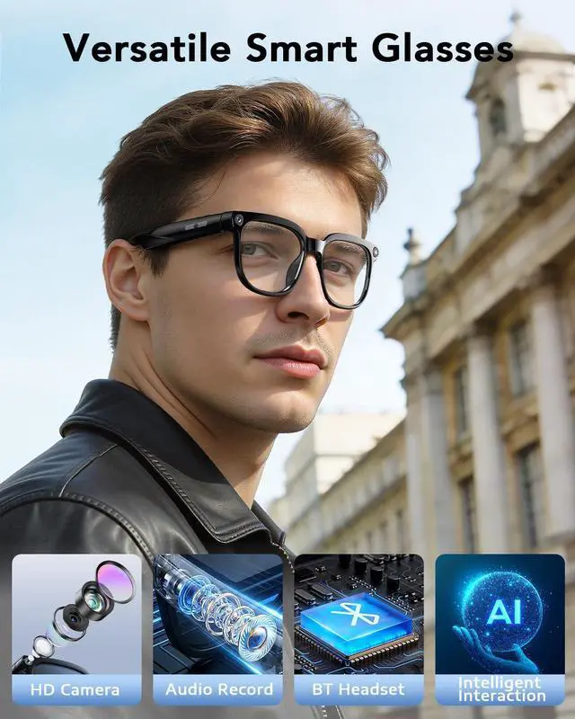 Alt view image 3 of 6 - Smart Glasses with Camera, Bluetooth Music & Call, 800W HD Camera Glasses, 1080P Video Recording, Built-in ChatGPT Voice Assistant Control for Men Women(White)