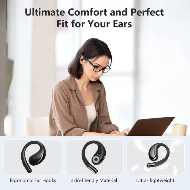 Alt view image 2 of 6 - Open Ear Clip Wireless Earbuds Bone Conduction Headphones, Bluetooth 5.4, Open Ear Design for Running Fitness,Office,Built-in Mic, IPX7 Waterproof, LED Display Charging Case,Ear Hooks Black