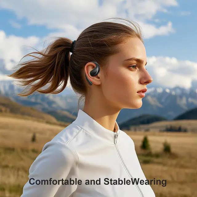 Alt view image 6 of 6 - Open Ear Clip Wireless Earbuds Bone Conduction Headphones, Bluetooth 5.4, Open Ear Design for Running Fitness,Office,Built-in Mic, IPX7 Waterproof, LED Display Charging Case,Ear Hooks Black