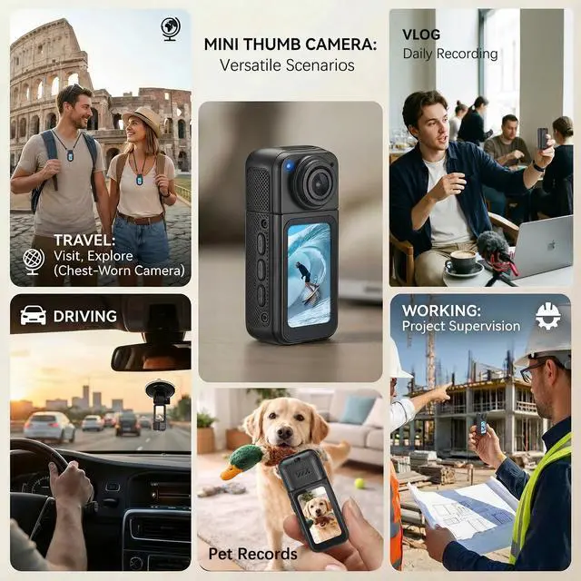 Alt view image 3 of 6 - Mini Body Camera with 64GB Storage, 1080P Pocket Video Recorder with 180° Rotating Lens,Thumb Size Wearable Body Cam with Screen,Portable Camera for Outdoor, Cycling, Vlog, Travel | 1080P HD, 180° rot