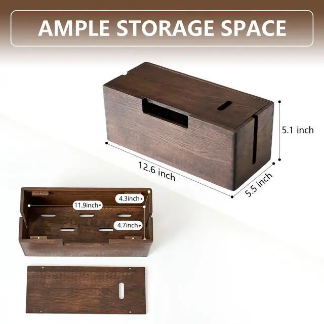 Alt view image 2 of 6 - Oak Wood Cable Management Box - Large Cord Hider & Organizer with Magnetic Lid for Desk & Floor Cables in Home Office, Living Room, Bedroom (Walnut)