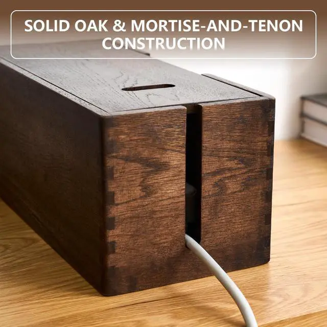 Alt view image 3 of 6 - Oak Wood Cable Management Box - Large Cord Hider & Organizer with Magnetic Lid for Desk & Floor Cables in Home Office, Living Room, Bedroom (Walnut)