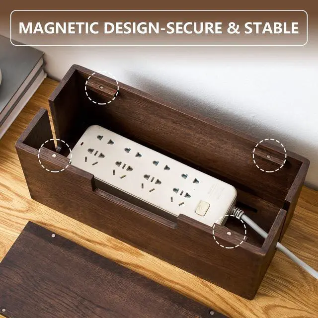 Alt view image 4 of 6 - Oak Wood Cable Management Box - Large Cord Hider & Organizer with Magnetic Lid for Desk & Floor Cables in Home Office, Living Room, Bedroom (Walnut)