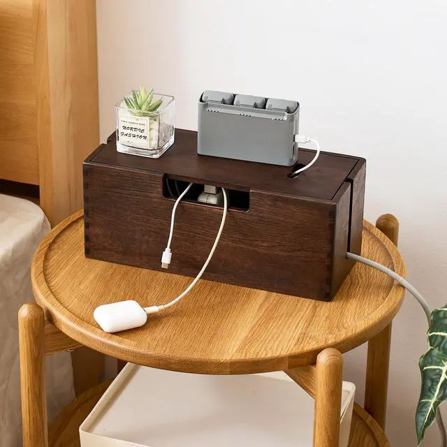 Alt view image 6 of 6 - Oak Wood Cable Management Box - Large Cord Hider & Organizer with Magnetic Lid for Desk & Floor Cables in Home Office, Living Room, Bedroom (Walnut)