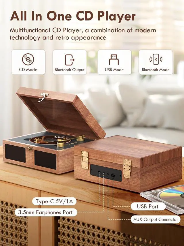 Alt view image 4 of 6 - CD Player with Built-in Speakers Portable with Bluetooth Input&Output Nostalgic Desktop CD Players for Home Music Box Player with Stereo Sound Remote Control Brown (Brown)