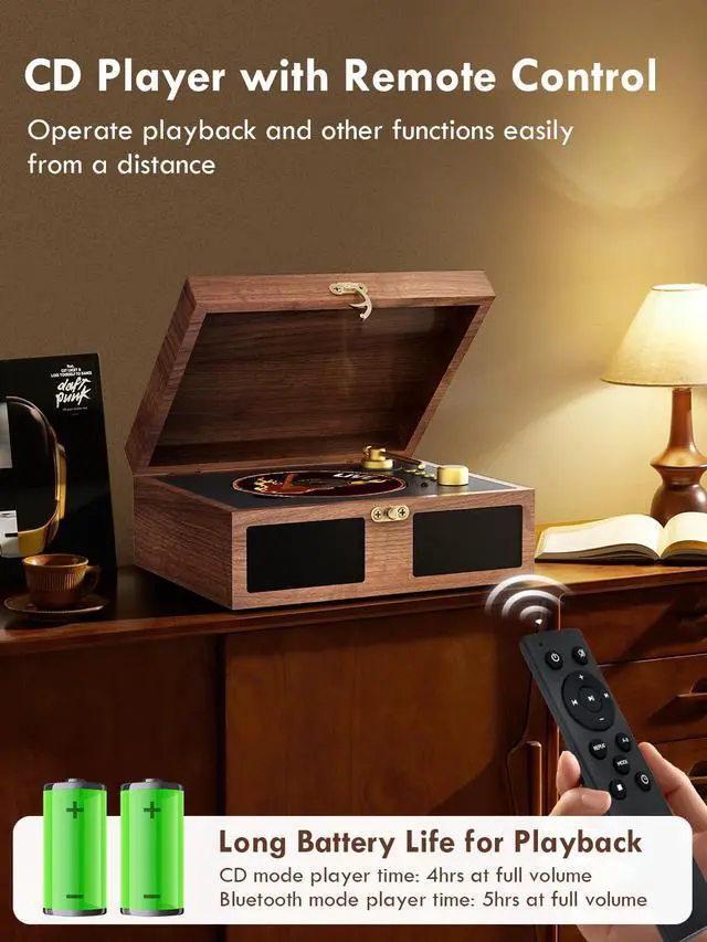 Alt view image 5 of 6 - CD Player with Built-in Speakers Portable with Bluetooth Input&Output Nostalgic Desktop CD Players for Home Music Box Player with Stereo Sound Remote Control Brown (Brown)