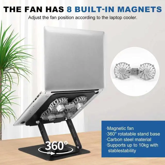 Alt view image 2 of 6 - Laptop Cooling Stand with 2 Detachable Fans, 360° Rotating Adjustable Laptop Stand, Carbon Steel Ergonomic Laptop Riser, Anti-Slip Base for 10-17.3" Notebook MacBook, Office Home Gaming