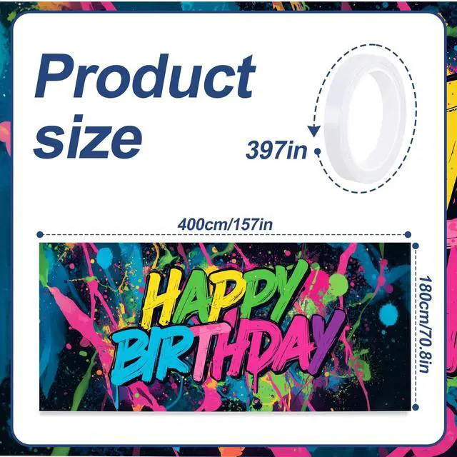 Alt view image 2 of 6 - Neon Paint Splatter Birthday Backdrop 6x13ft Waterproof -Graffiti Garage Door Banner for Teen Party,Youth Photo Booth Background Wall Decor